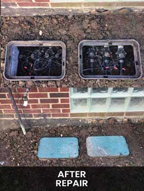 After sprinkler repair Romeo Michigan - manifold, valves and wiring packed neatly in 2 valve boxes